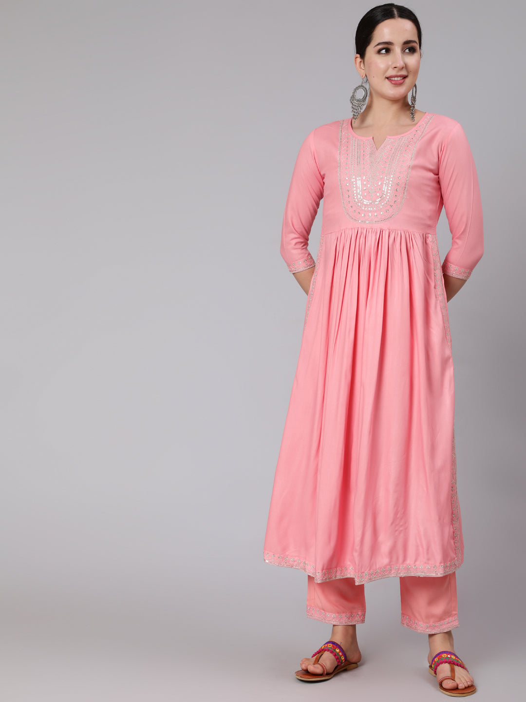 Rayon Calf Length Embroidered Flared 3/4 Sleeve Round Neck Kurta Set - Image 2
