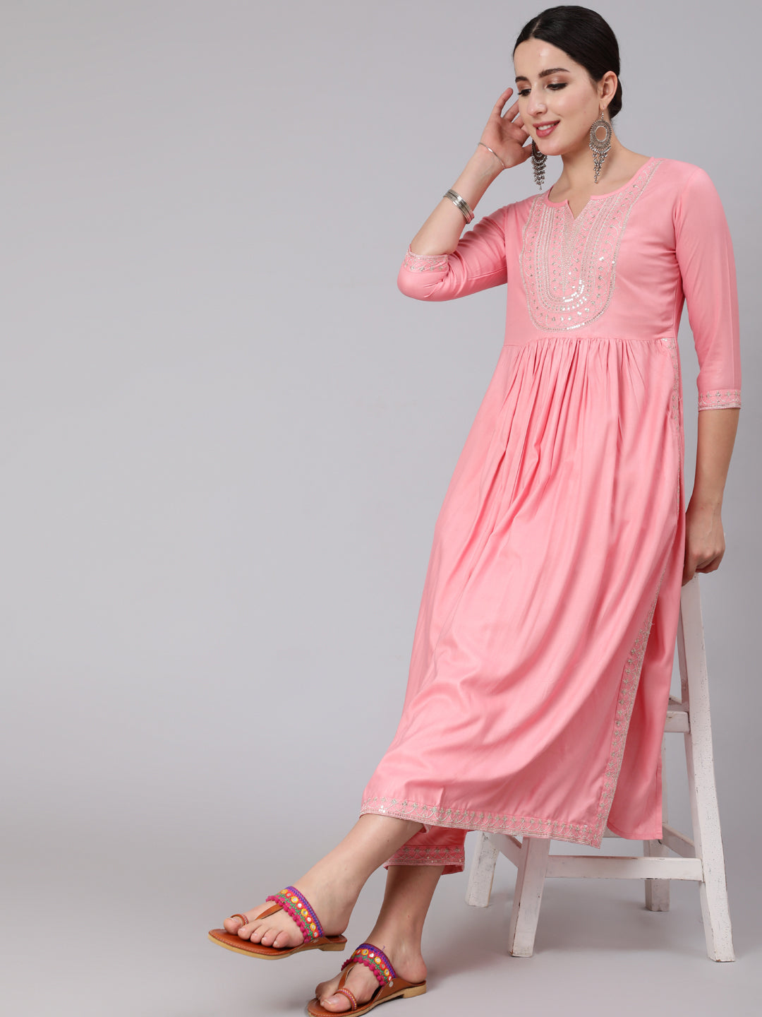 Rayon Calf Length Embroidered Flared 3/4 Sleeve Round Neck Kurta Set - Image 4