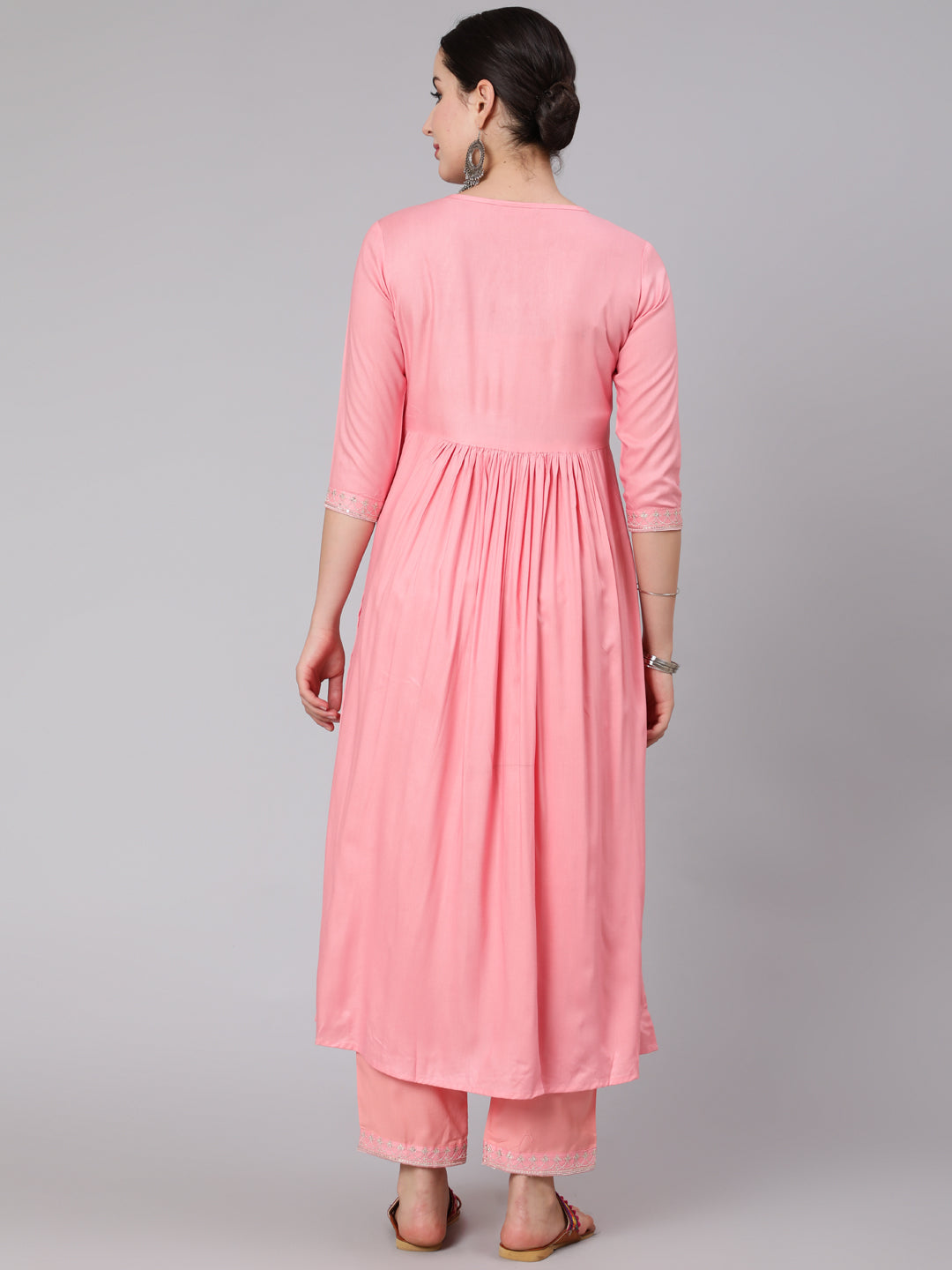 Rayon Calf Length Embroidered Flared 3/4 Sleeve Round Neck Kurta Set - Image 3