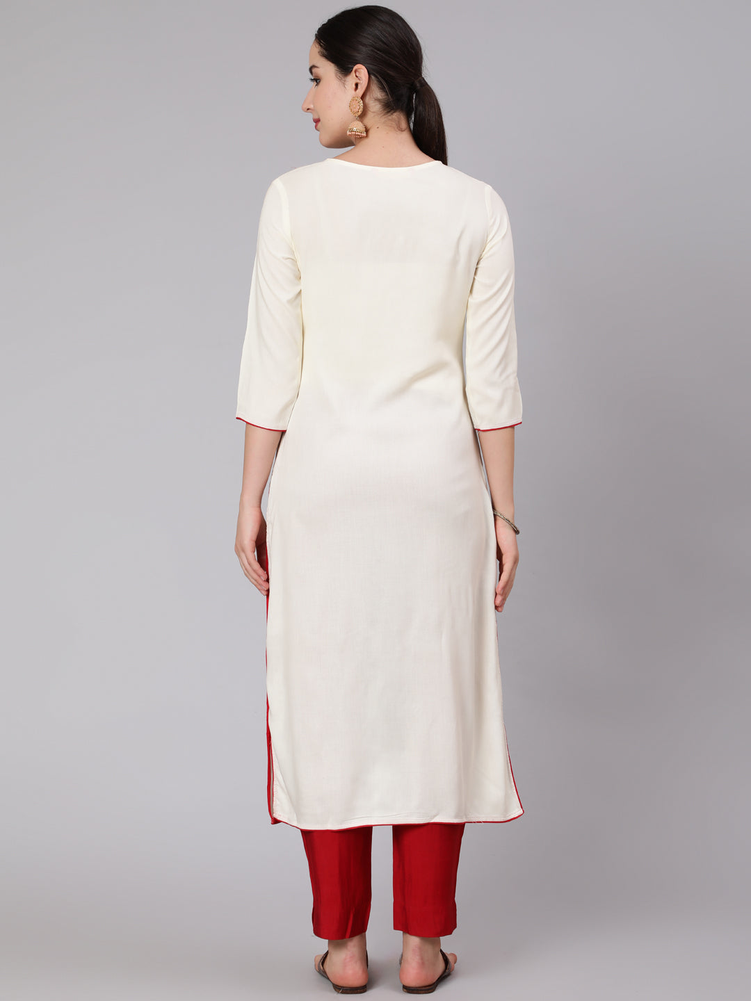 Rayon Calf Length Embroidered Straight 3/4 Sleeve Round Neck Kurta Set - Image 3