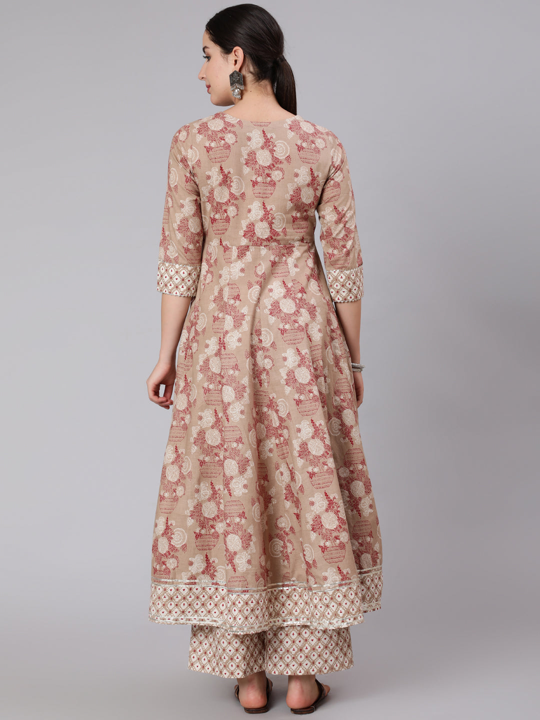 Cotton Calf Length Printed Flared 3/4 Sleeve Round Neck Kurta Set - Image 3