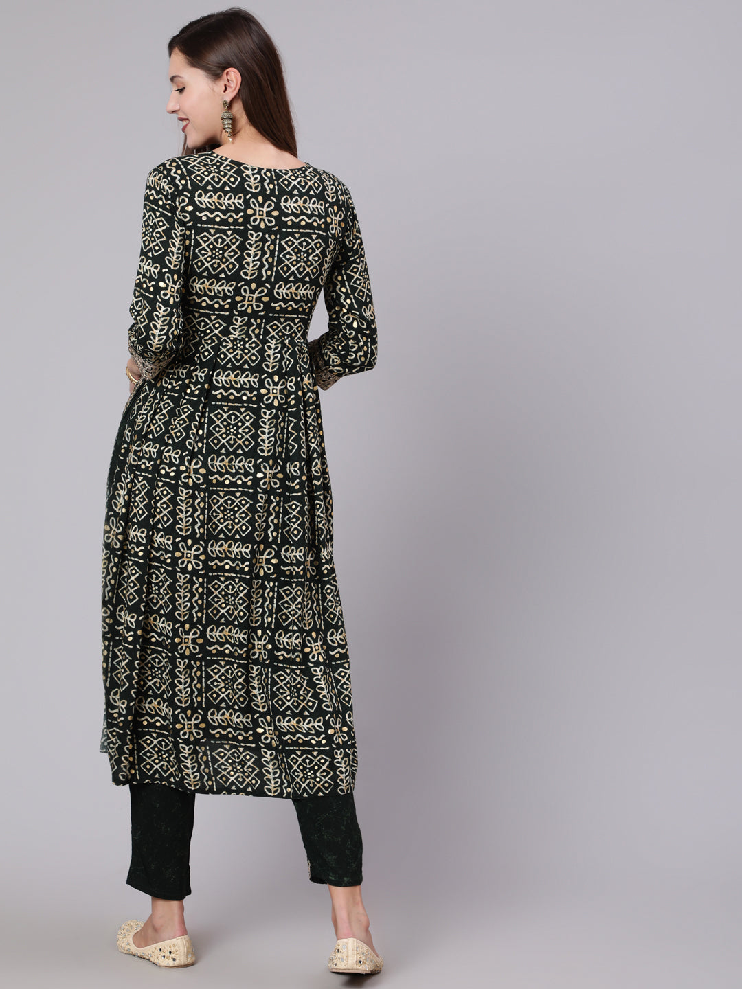 Rayon Calf Length Printed Semi Flared 3/4 Sleeve Round Neck Kurta Bottom Dupatta Set - Image 4