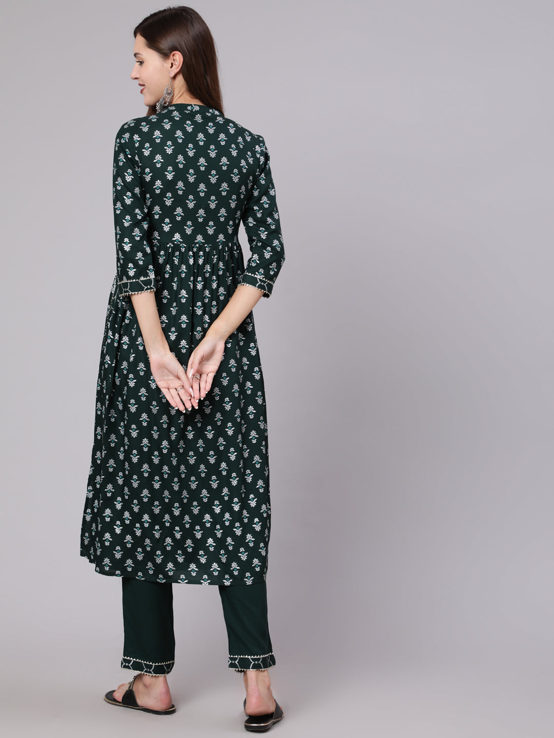 Rayon Calf Length Printed Semi Flared 3/4 Sleeve Collar Neck Kurta Bottom Set - Image 4