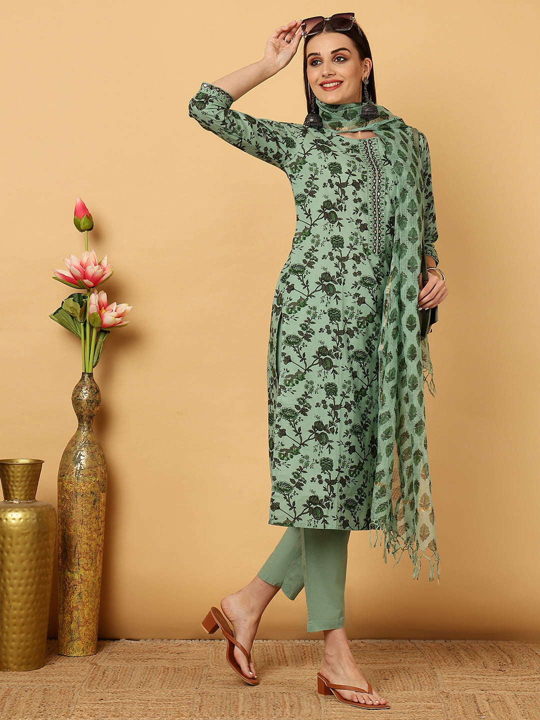Rayon Calf Length Printed Straight 3/4 Sleeves Round Neck Kurta Bottom Dupatta Set - Image 2
