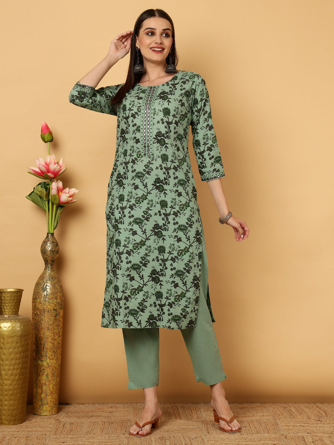 Rayon Calf Length Printed Straight 3/4 Sleeves Round Neck Kurta Bottom Dupatta Set - Image 3