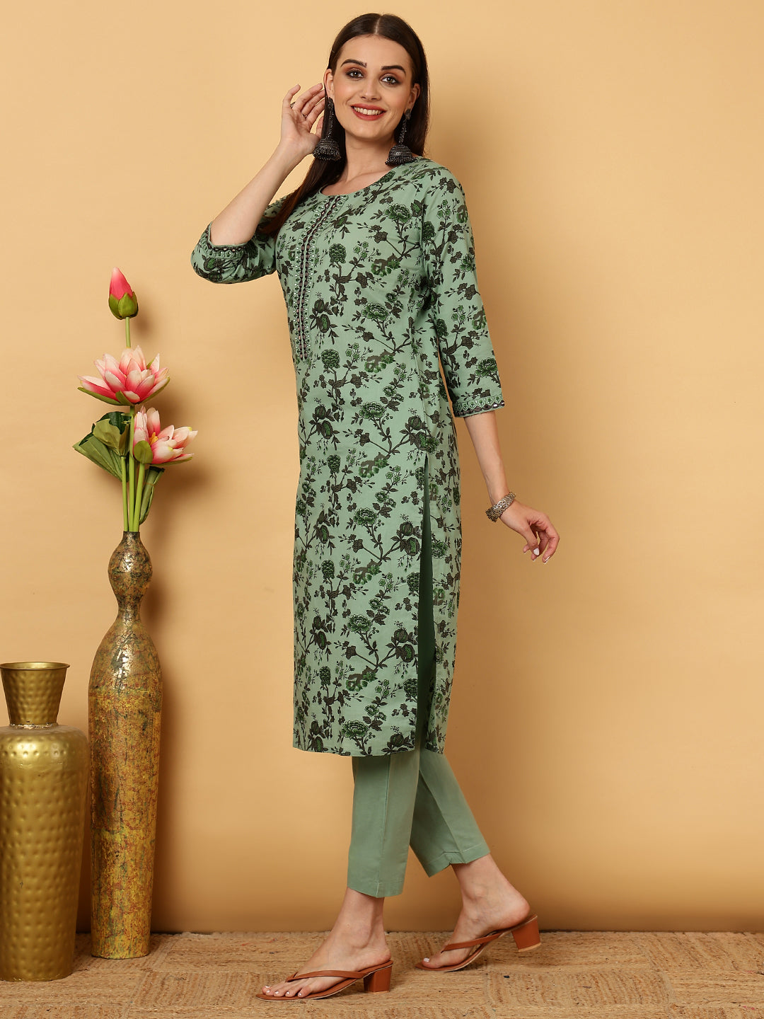 Rayon Calf Length Printed Straight 3/4 Sleeves Round Neck Kurta Bottom Dupatta Set - Image 4