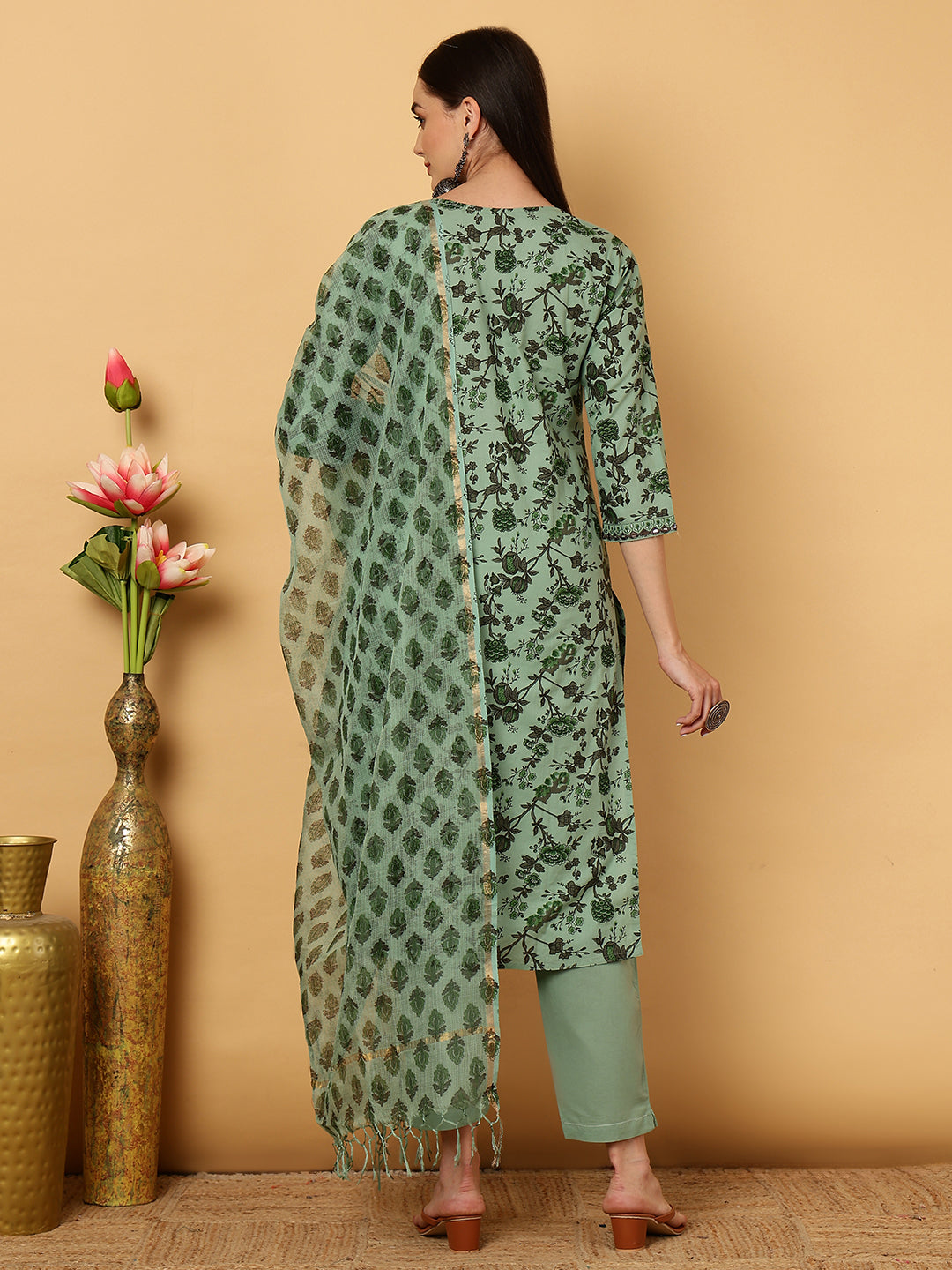Rayon Calf Length Printed Straight 3/4 Sleeves Round Neck Kurta Bottom Dupatta Set - Image 5