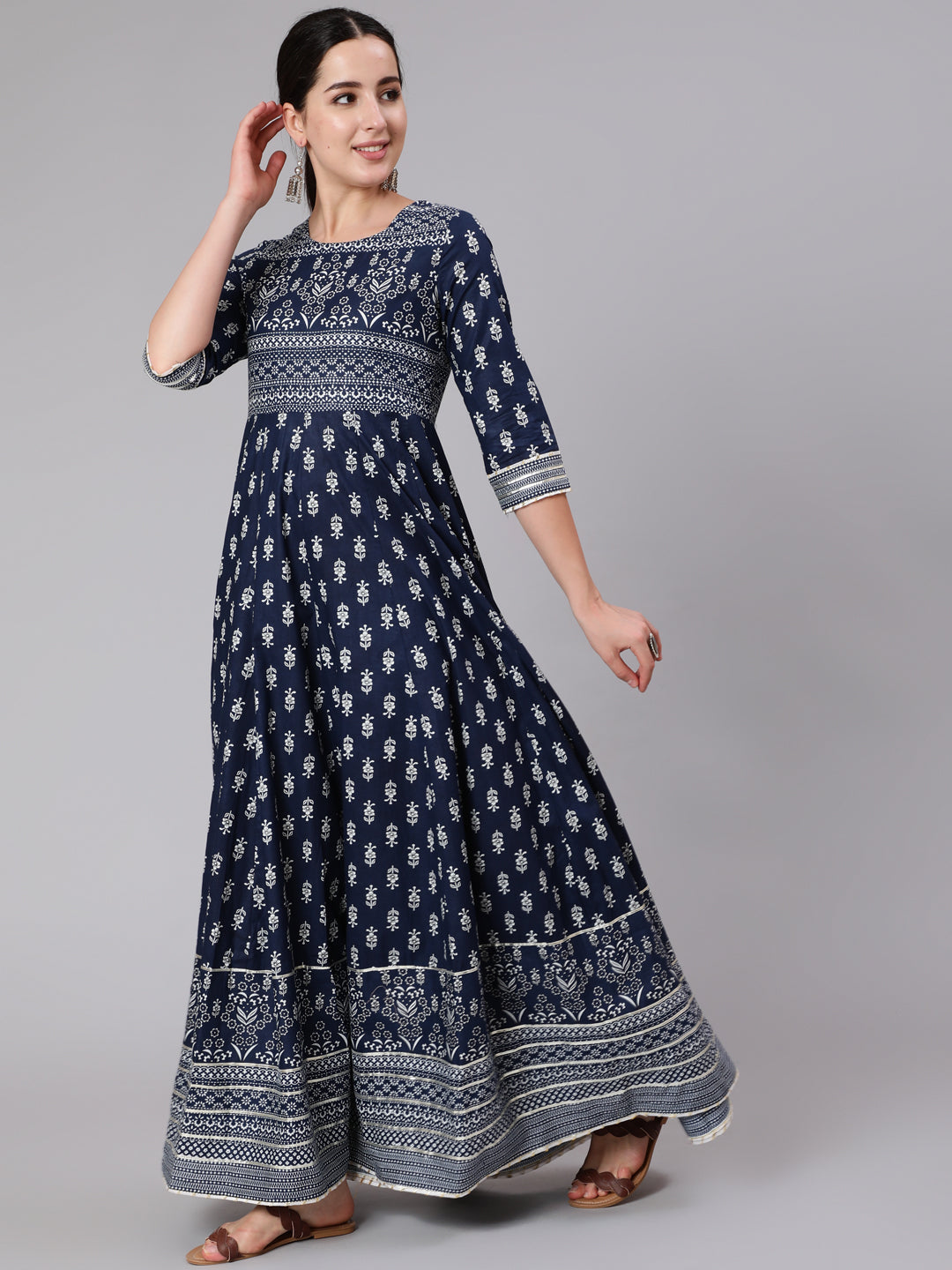 Cotton Full Length Printed Flared 3/4 Sleeve Round Neck Kurta - Image 5