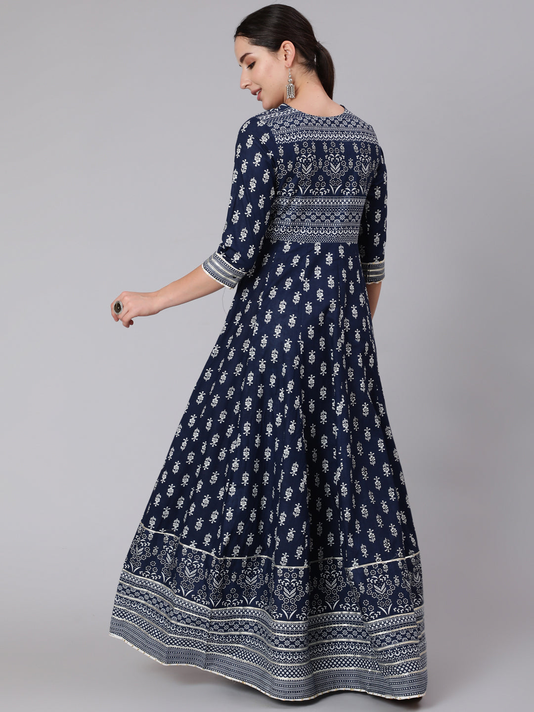 Cotton Full Length Printed Flared 3/4 Sleeve Round Neck Kurta - Image 2