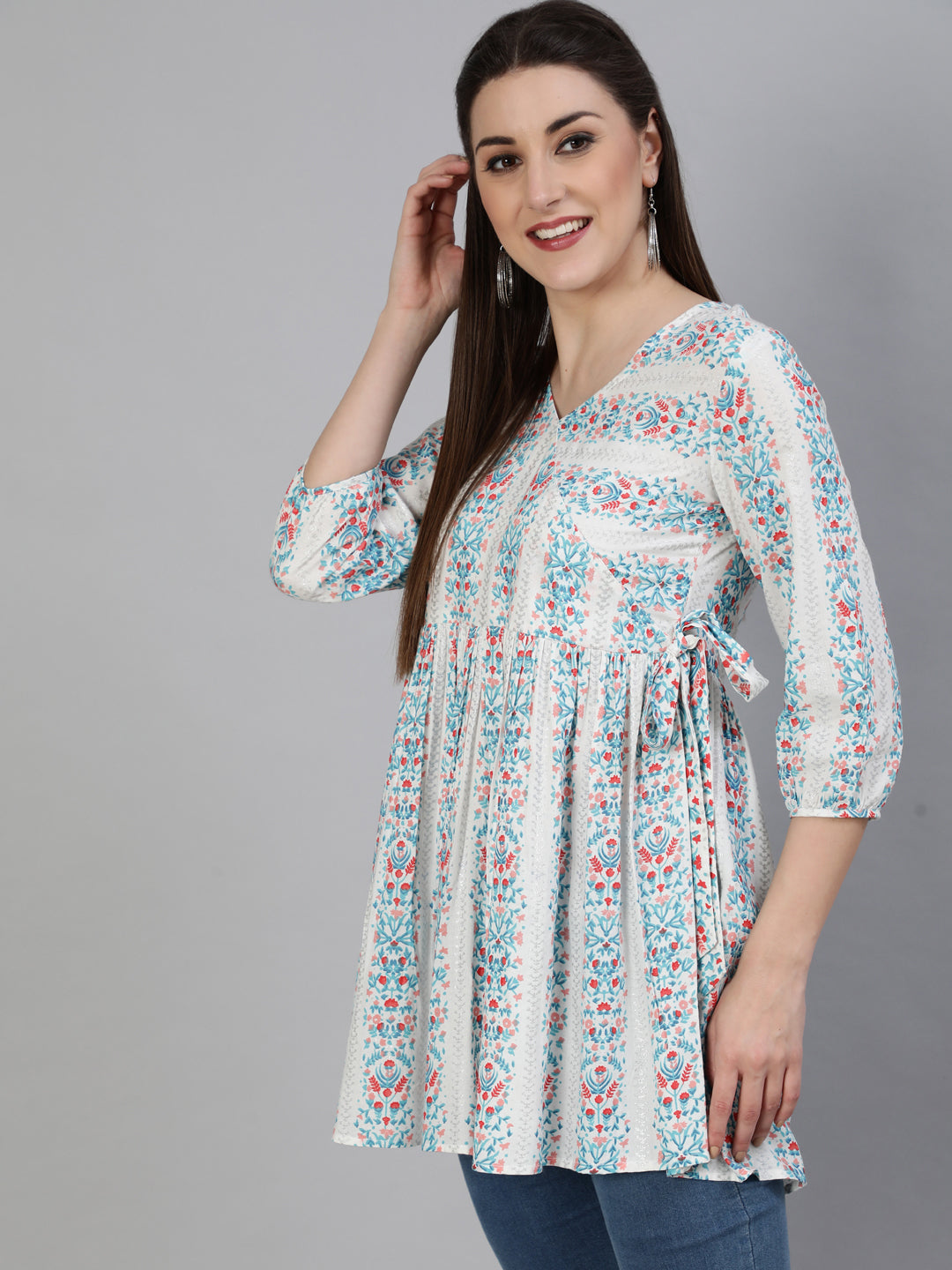 Rayon Printed Flared 3/4 Sleeve Round Neck Short Top - Image 2