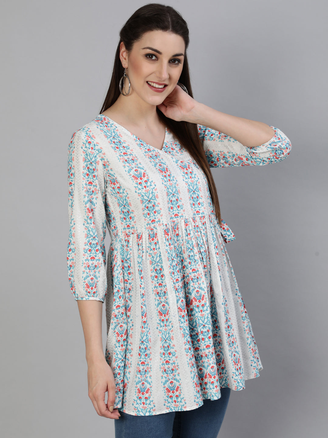 Rayon Printed Flared 3/4 Sleeve Round Neck Short Top - Image 3