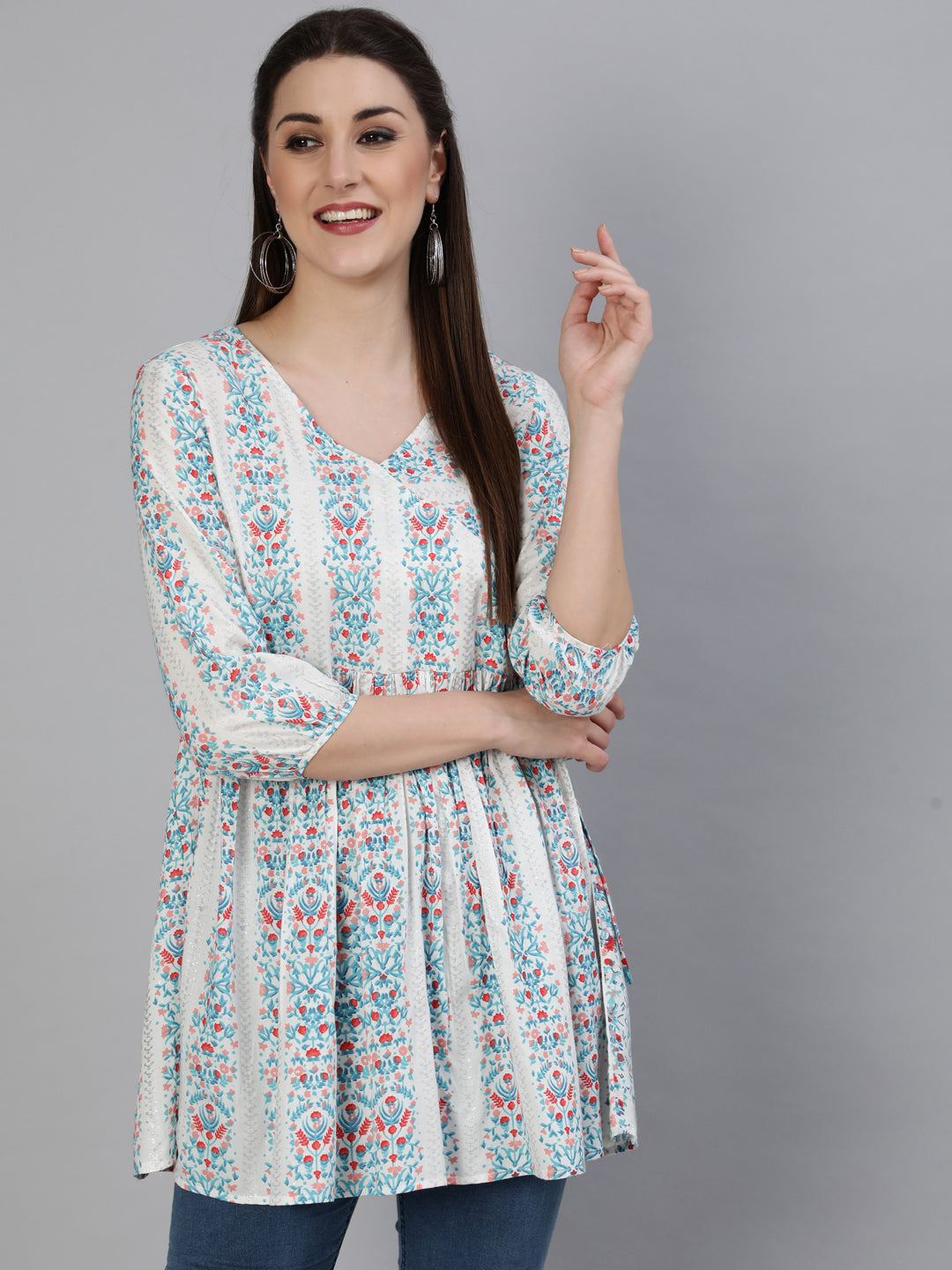 Rayon Printed Flared 3/4 Sleeve Round Neck Short Top - Image 4