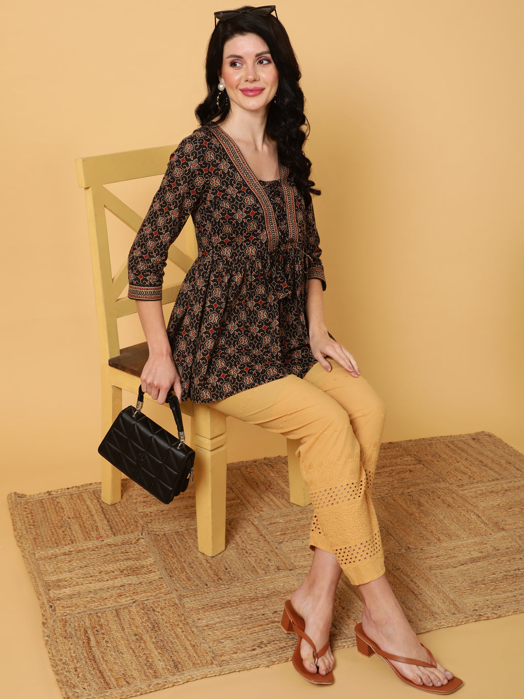 Rayon Midi Length Printed Flared 3/4 Sleeves V-Neck Tunic