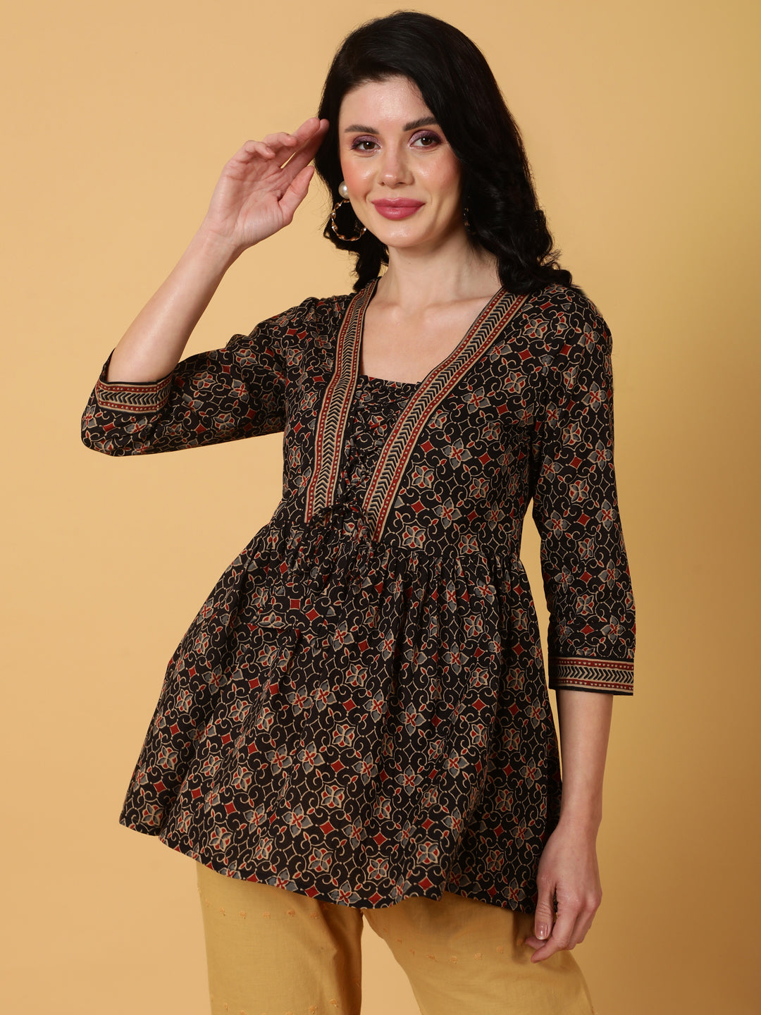Rayon Midi Length Printed Flared 3/4 Sleeves V-Neck Tunic - Image 2