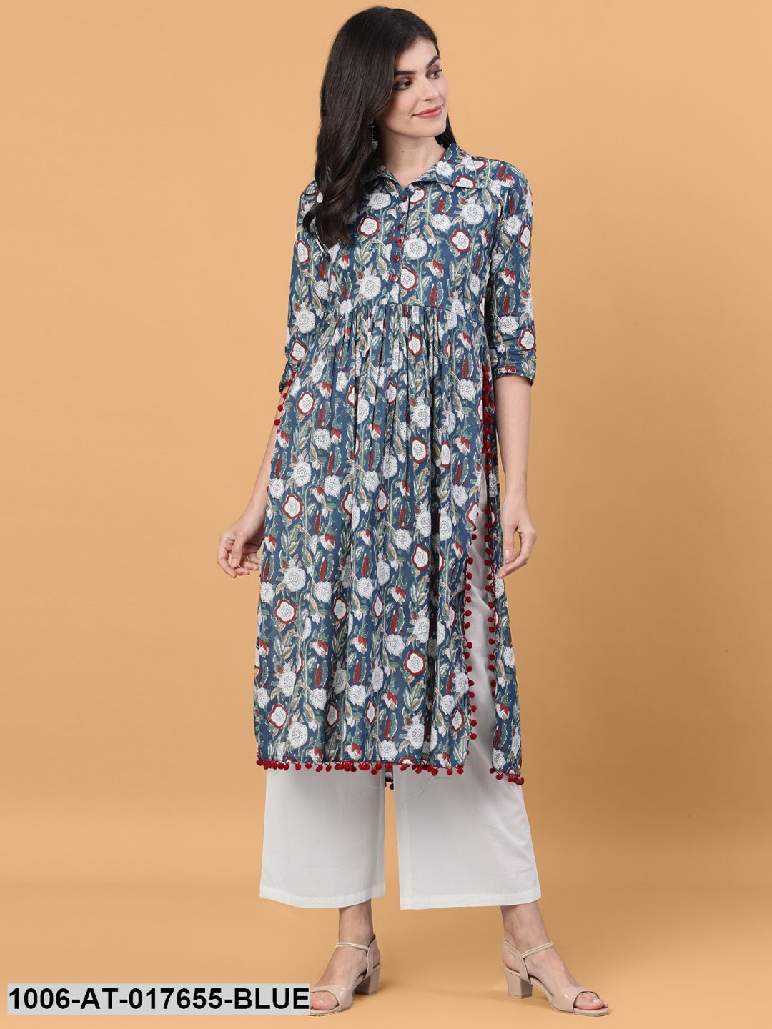 Printed Flared Calf Length 3/4 Sleeve Shirt Collar Neck Cotton Kurta - Image 2