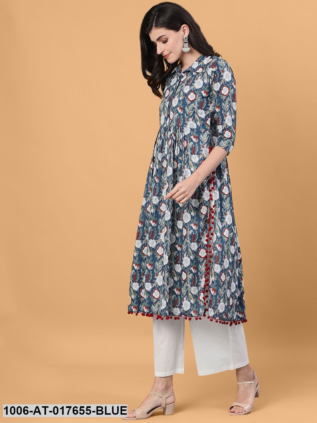 Printed Flared Calf Length 3/4 Sleeve Shirt Collar Neck Cotton Kurta - Image 3