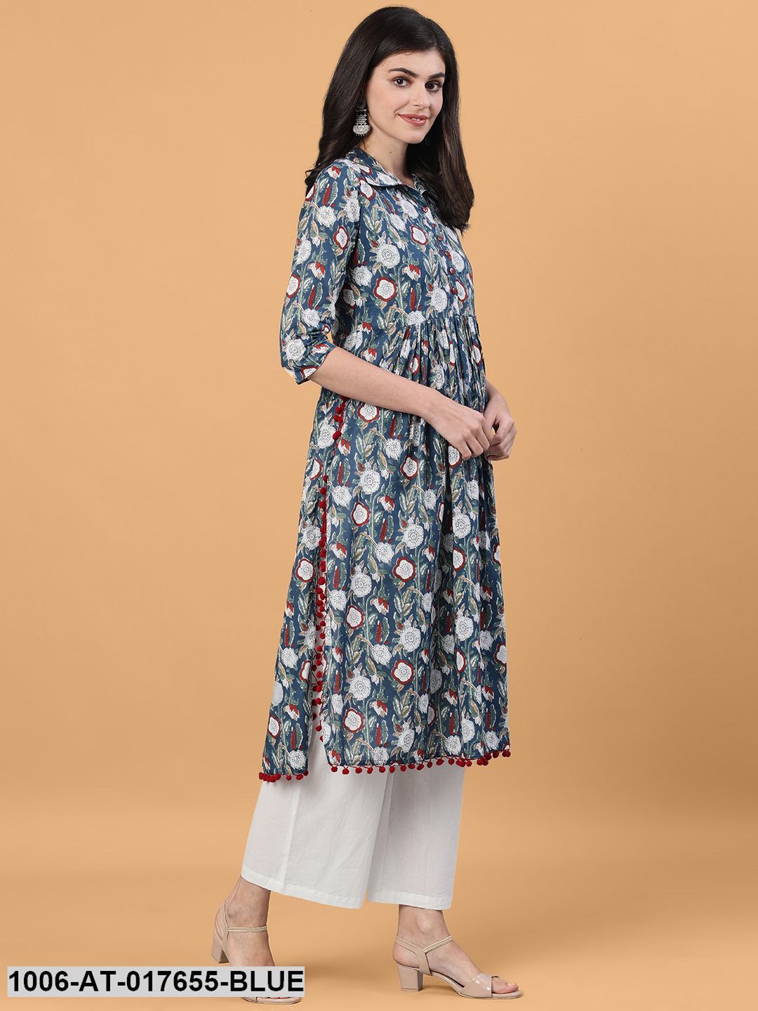 Printed Flared Calf Length 3/4 Sleeve Shirt Collar Neck Cotton Kurta - Image 4