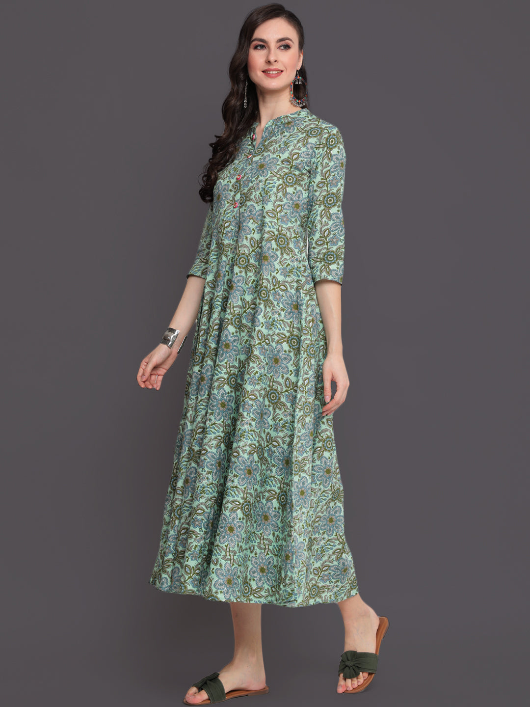 Printed Flared Calf Length 3/4 Sleeves Collor Neck Cotton Kurta - Image 2