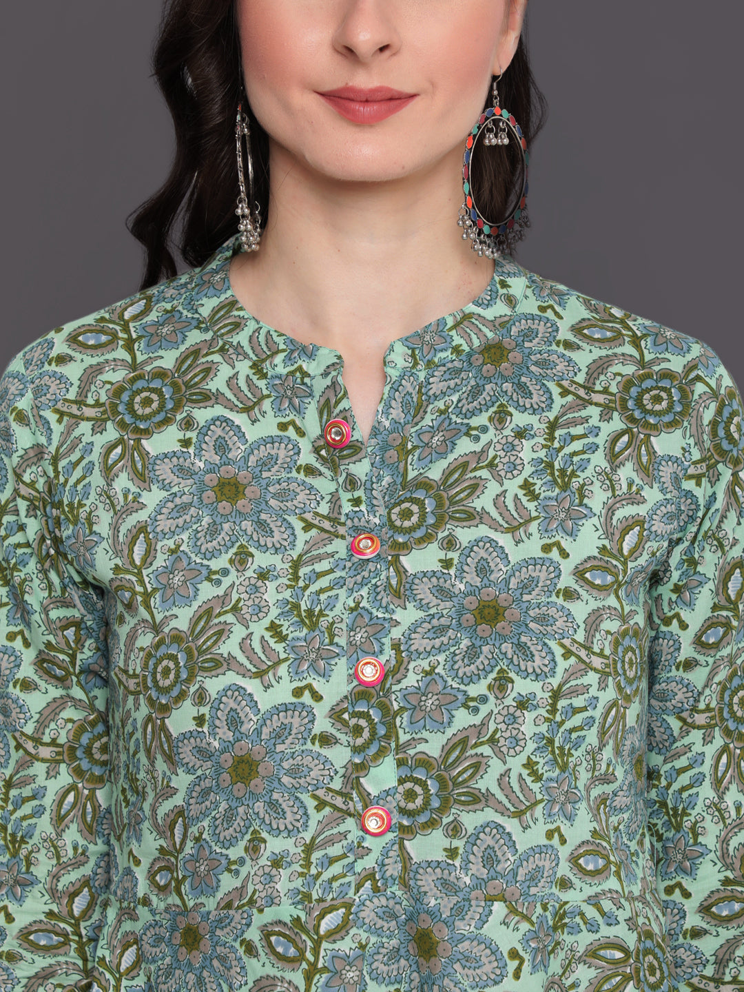 Printed Flared Calf Length 3/4 Sleeves Collor Neck Cotton Kurta - Image 5