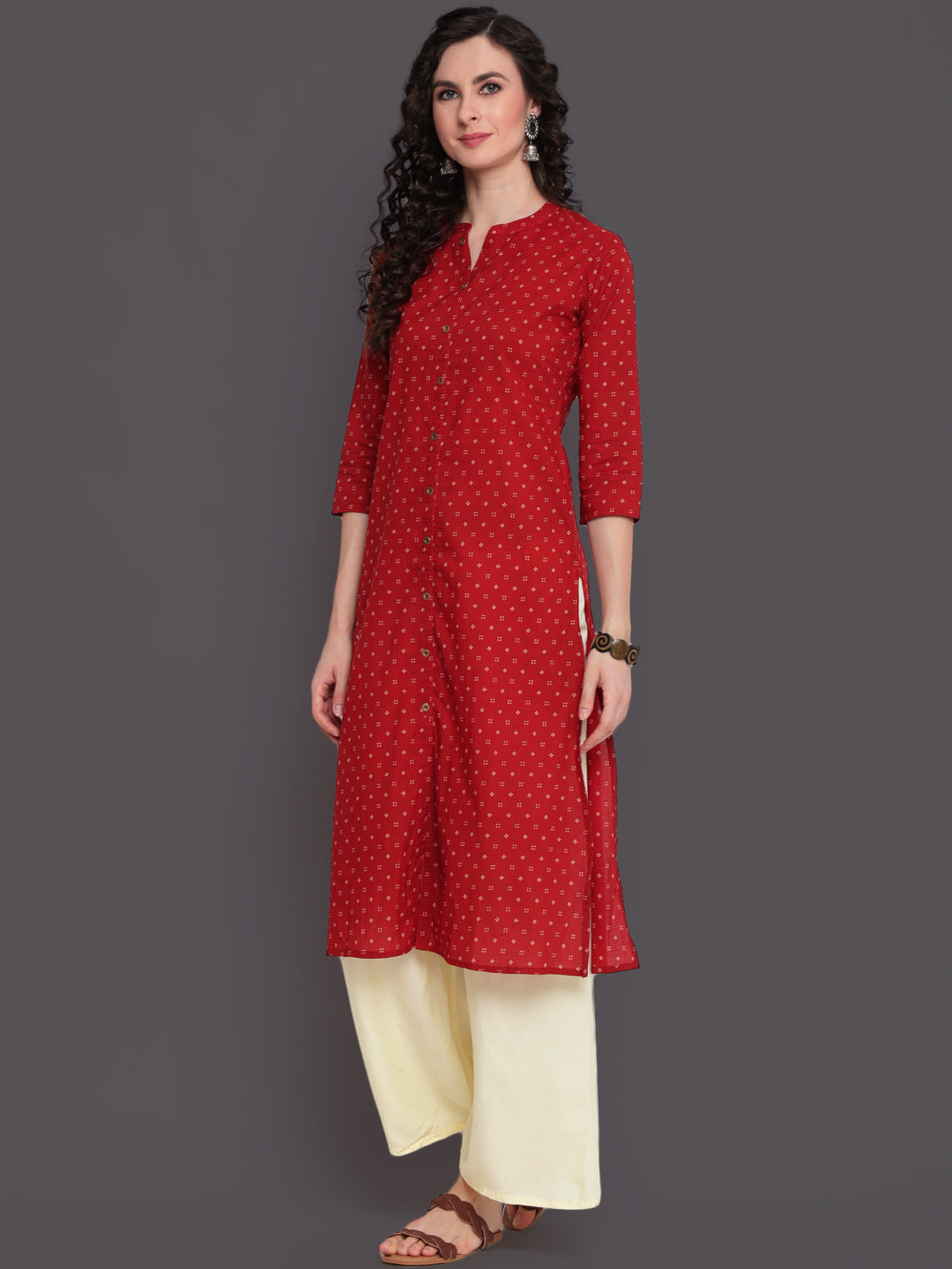 Printed Straight Calf Length 3/4 Sleeves Collor Neck Cotton Kurta - Image 2