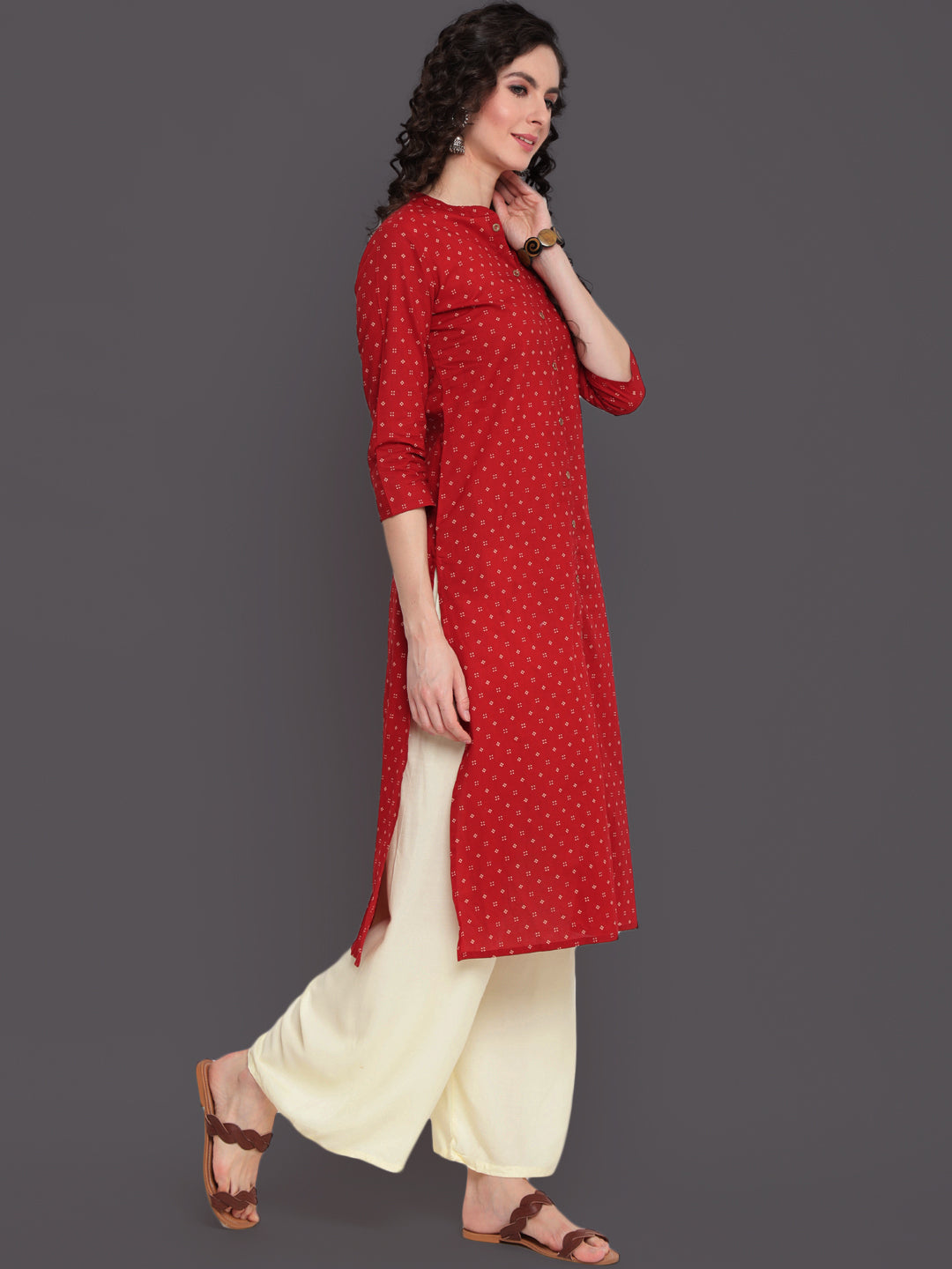 Printed Straight Calf Length 3/4 Sleeves Collor Neck Cotton Kurta - Image 3