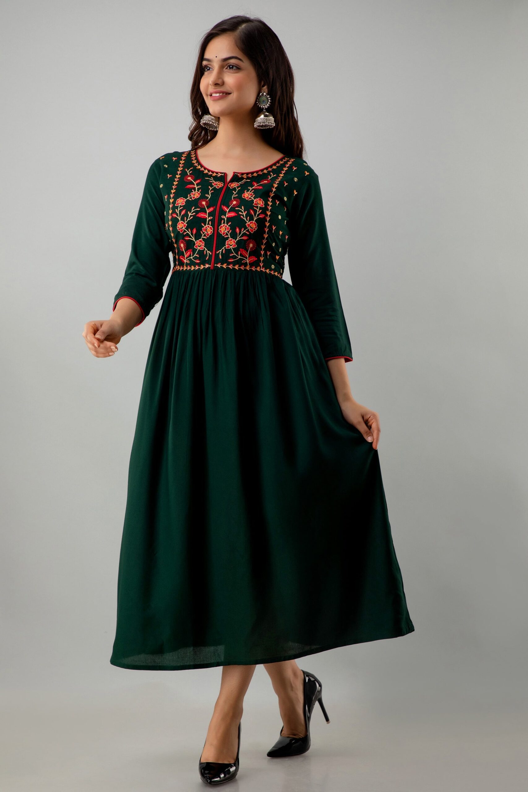 Embroidered Flared Ankle Length 3/4 Sleeves Round Neck Rayon Kurta Dress - Image 2