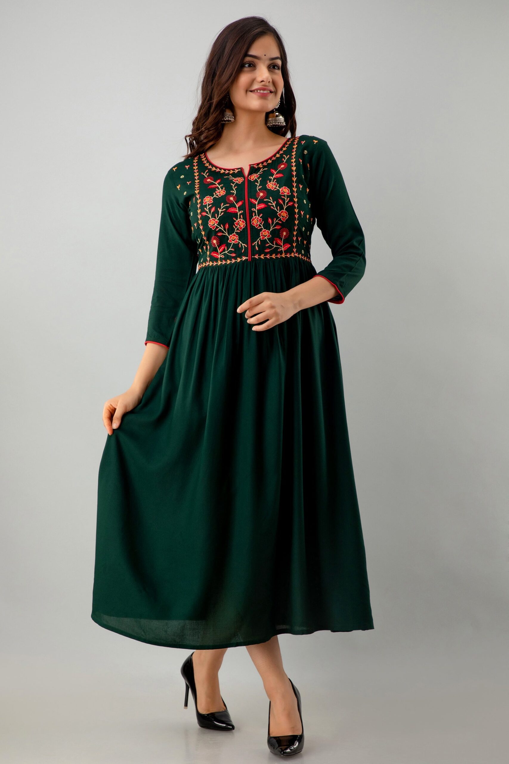Embroidered Flared Ankle Length 3/4 Sleeves Round Neck Rayon Kurta Dress - Image 3