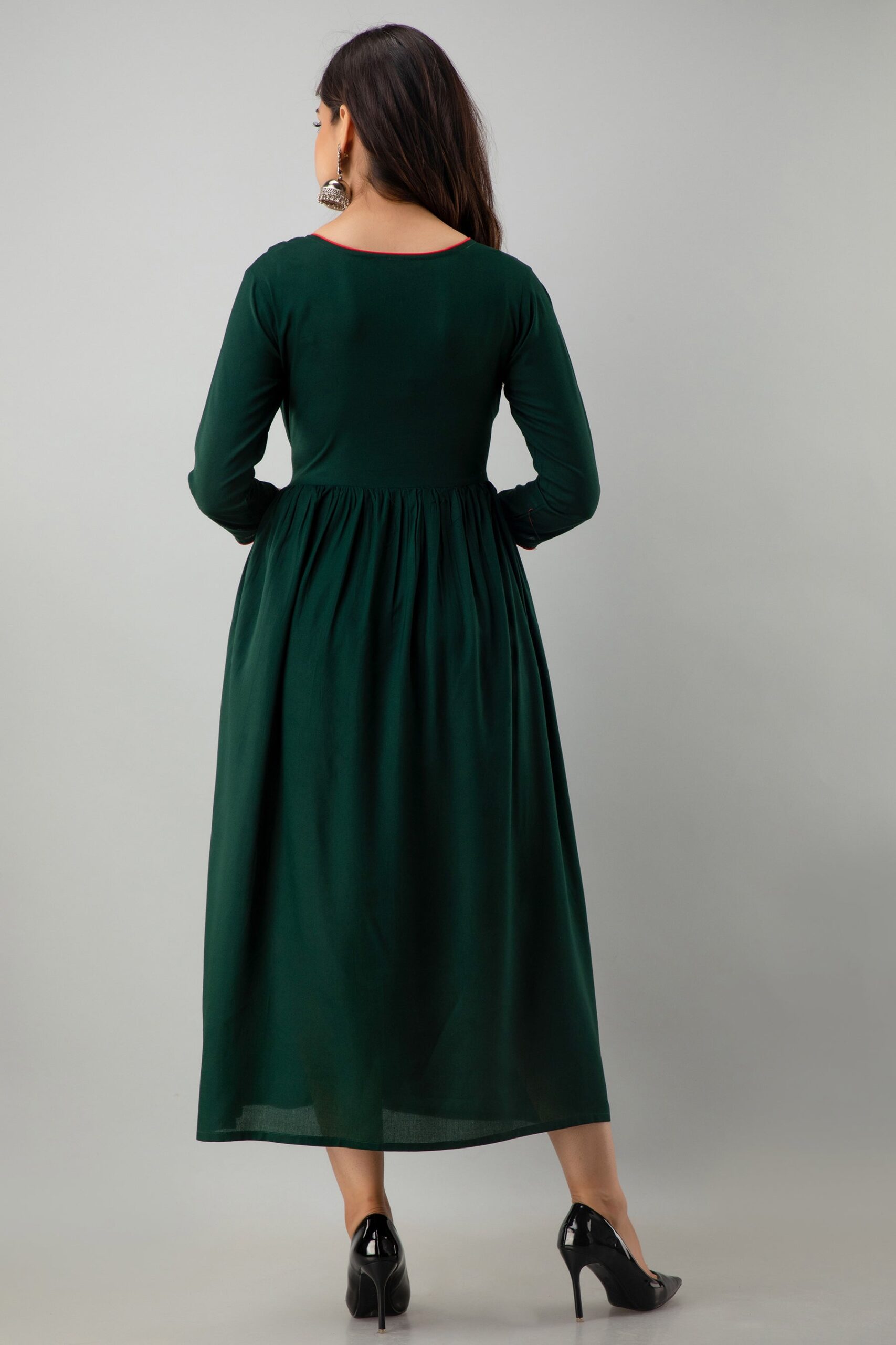 Embroidered Flared Ankle Length 3/4 Sleeves Round Neck Rayon Kurta Dress - Image 4