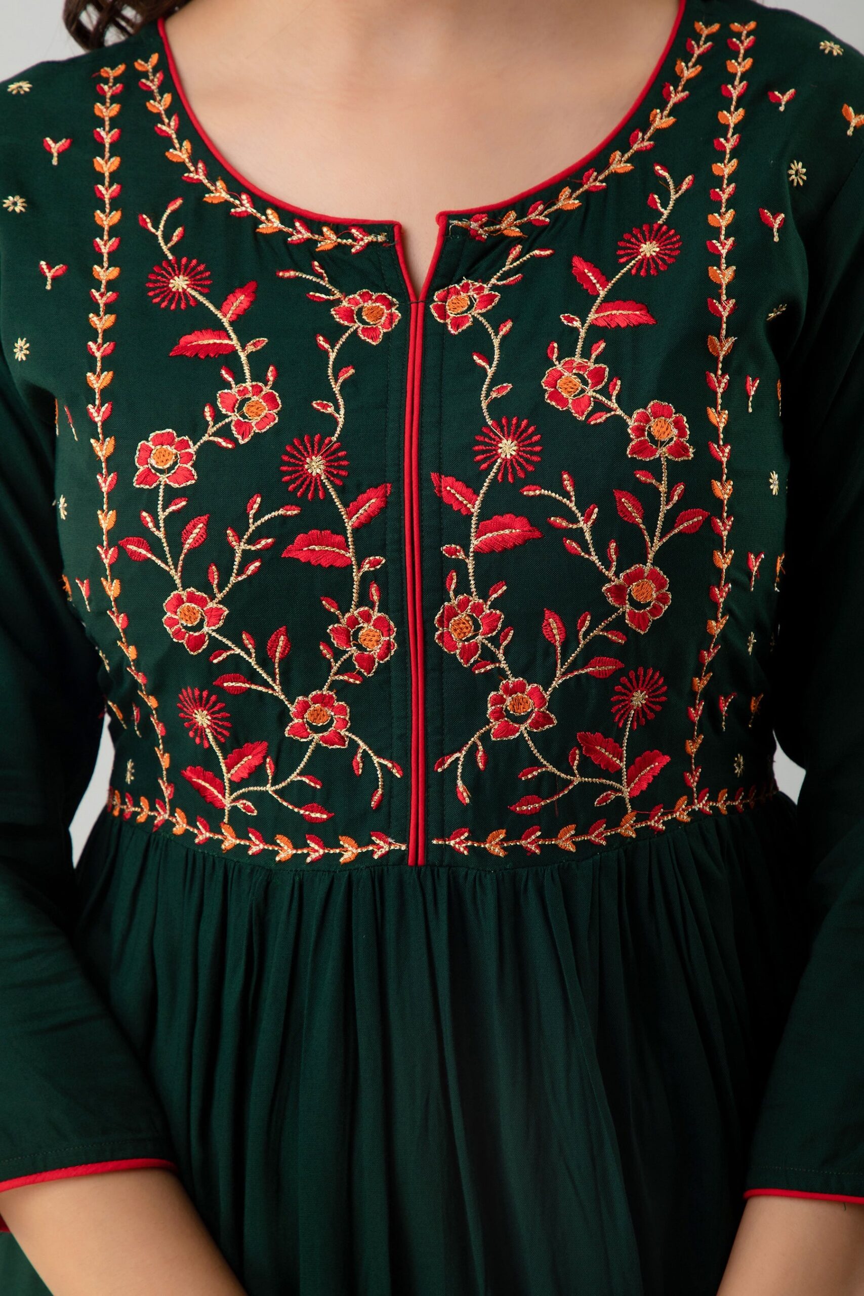 Embroidered Flared Ankle Length 3/4 Sleeves Round Neck Rayon Kurta Dress - Image 5
