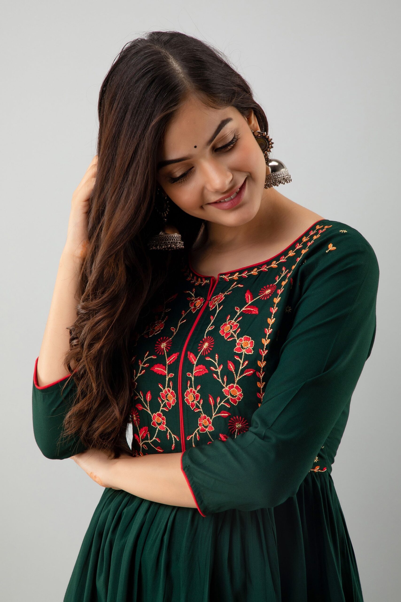 Embroidered Flared Ankle Length 3/4 Sleeves Round Neck Rayon Kurta Dress - Image 6