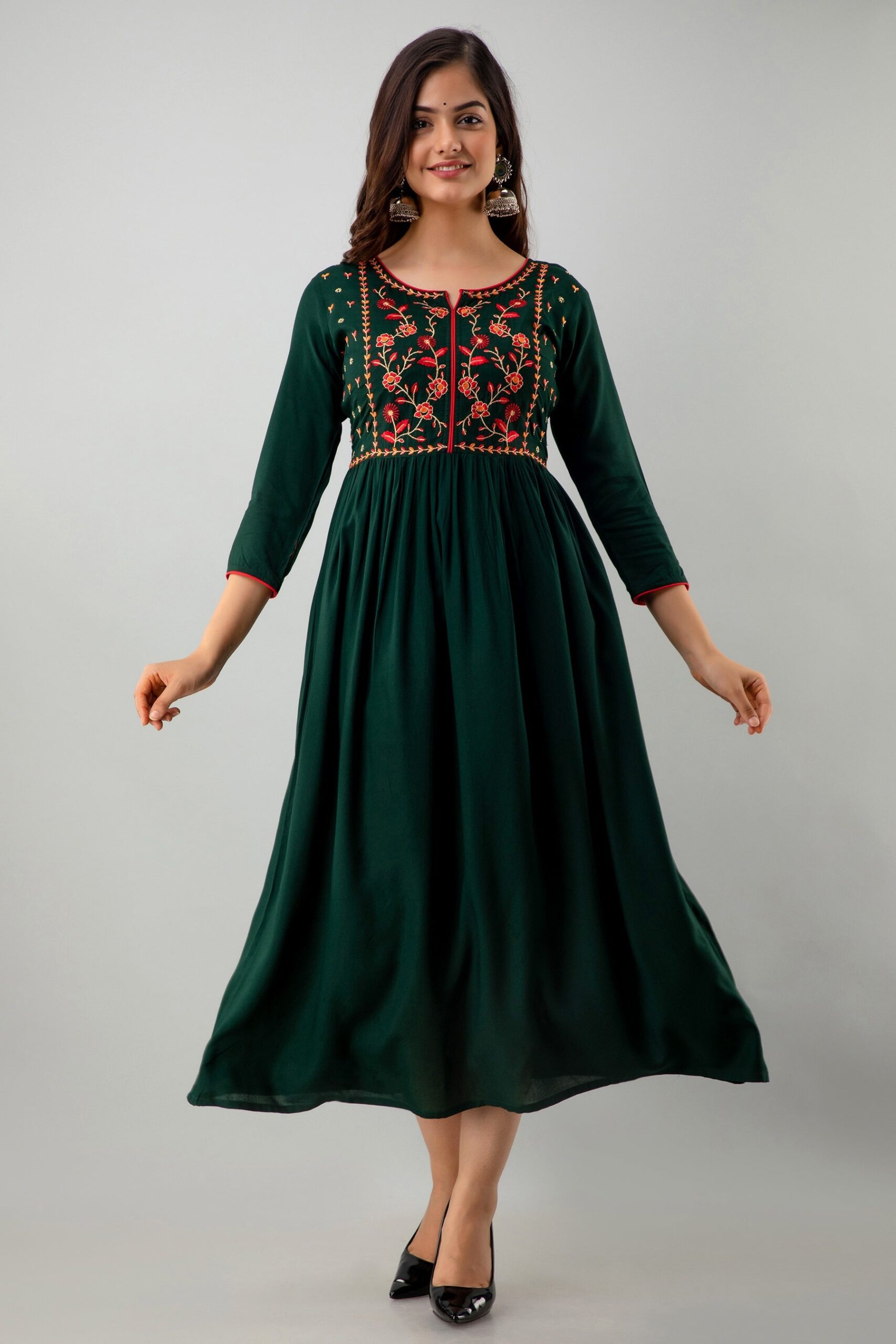 Embroidered Flared Ankle Length 3/4 Sleeves Round Neck Rayon Kurta Dress - Image 7