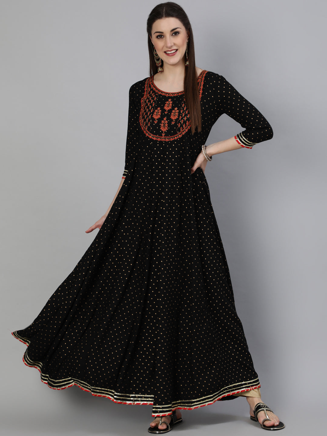 Rayon Foil Printed Flared 3/4 Sleeve Round Neck Ankle Length Kurta - Image 2