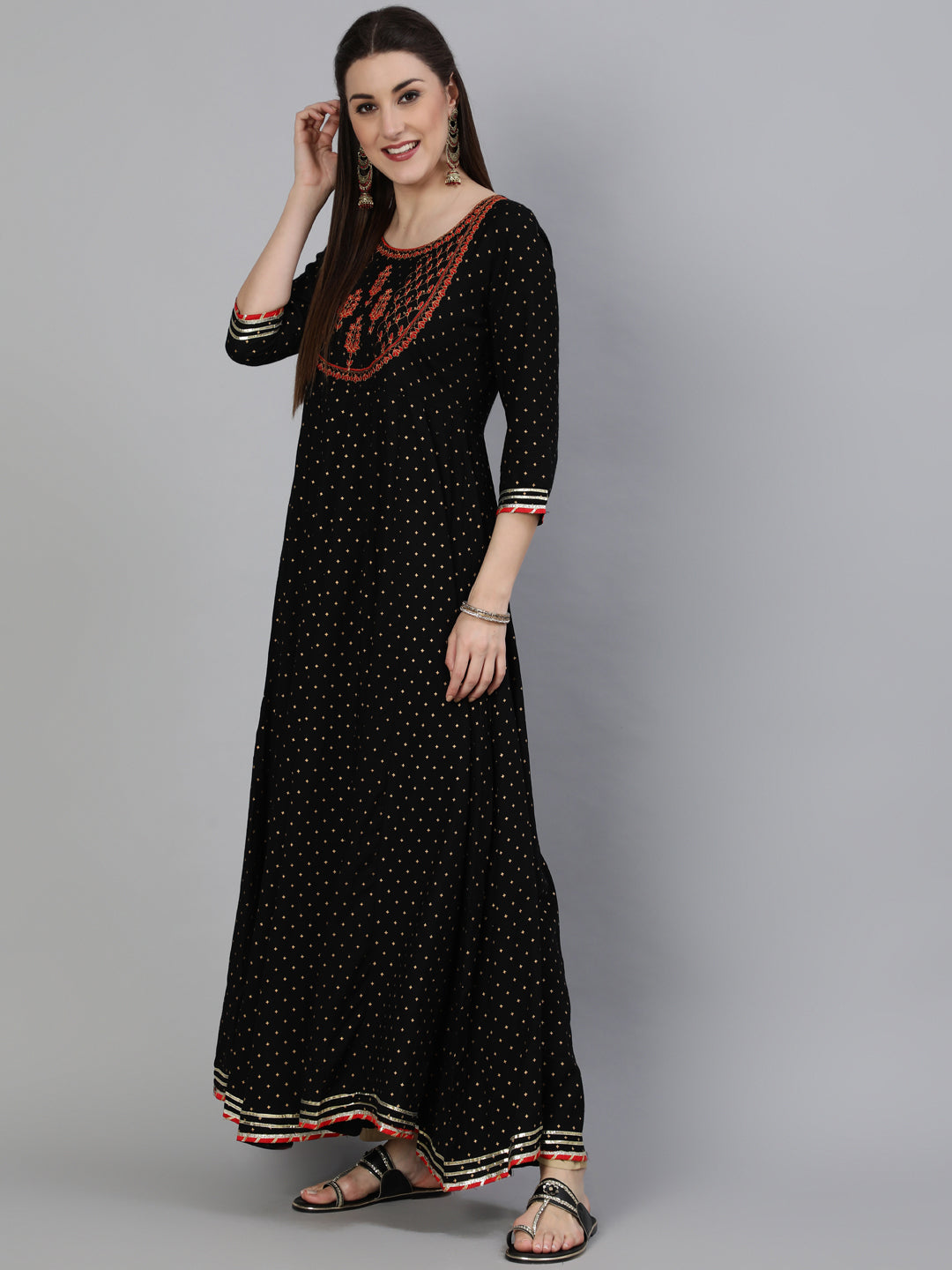 Rayon Foil Printed Flared 3/4 Sleeve Round Neck Ankle Length Kurta - Image 3