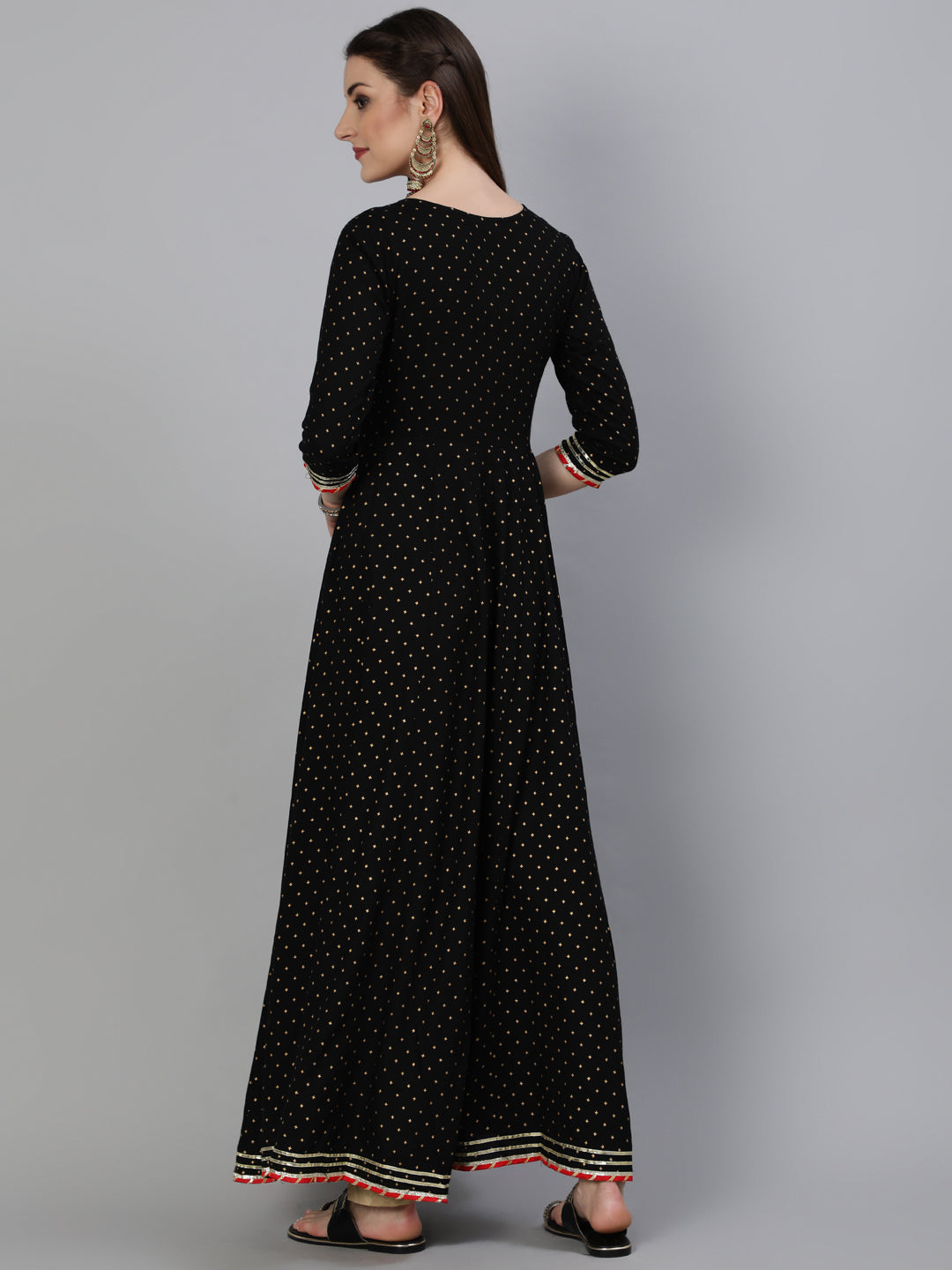 Rayon Foil Printed Flared 3/4 Sleeve Round Neck Ankle Length Kurta - Image 4