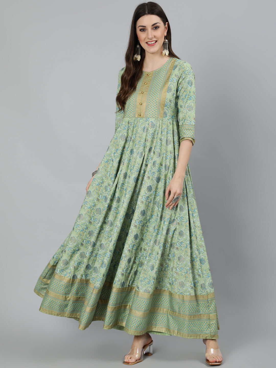 Rayon Foil Printed Flared 3/4 Sleeve Round Neck Full length Kurta - Image 2