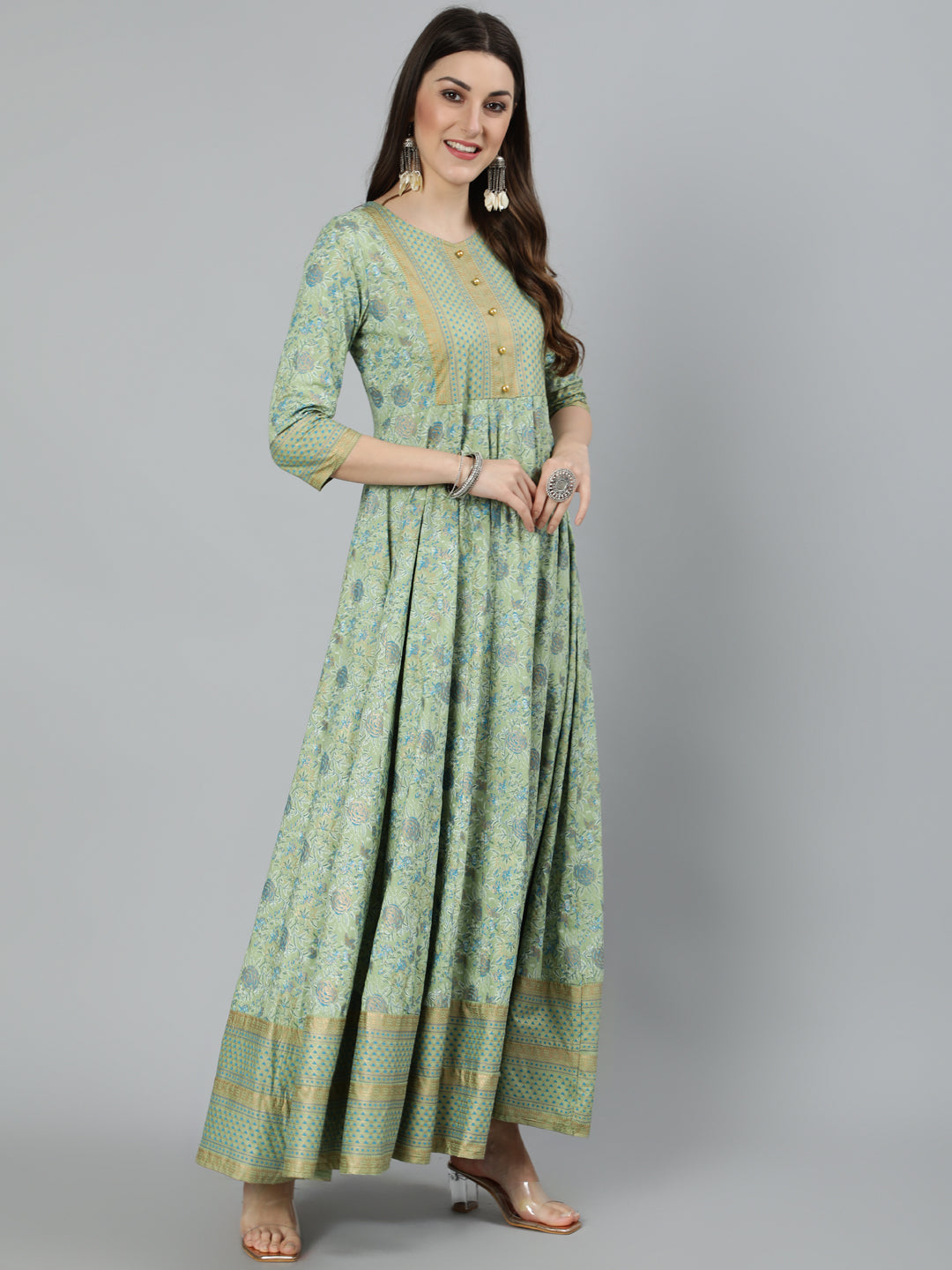 Rayon Foil Printed Flared 3/4 Sleeve Round Neck Full length Kurta - Image 3