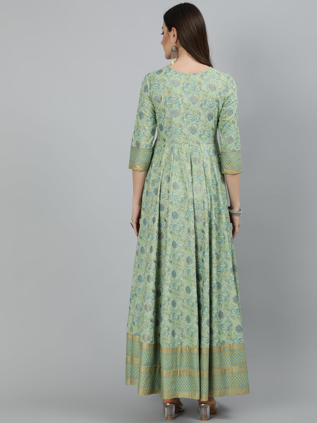 Rayon Foil Printed Flared 3/4 Sleeve Round Neck Full length Kurta - Image 4