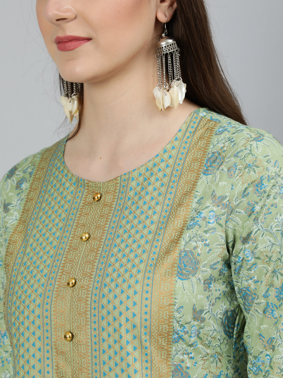 Rayon Foil Printed Flared 3/4 Sleeve Round Neck Full length Kurta - Image 5