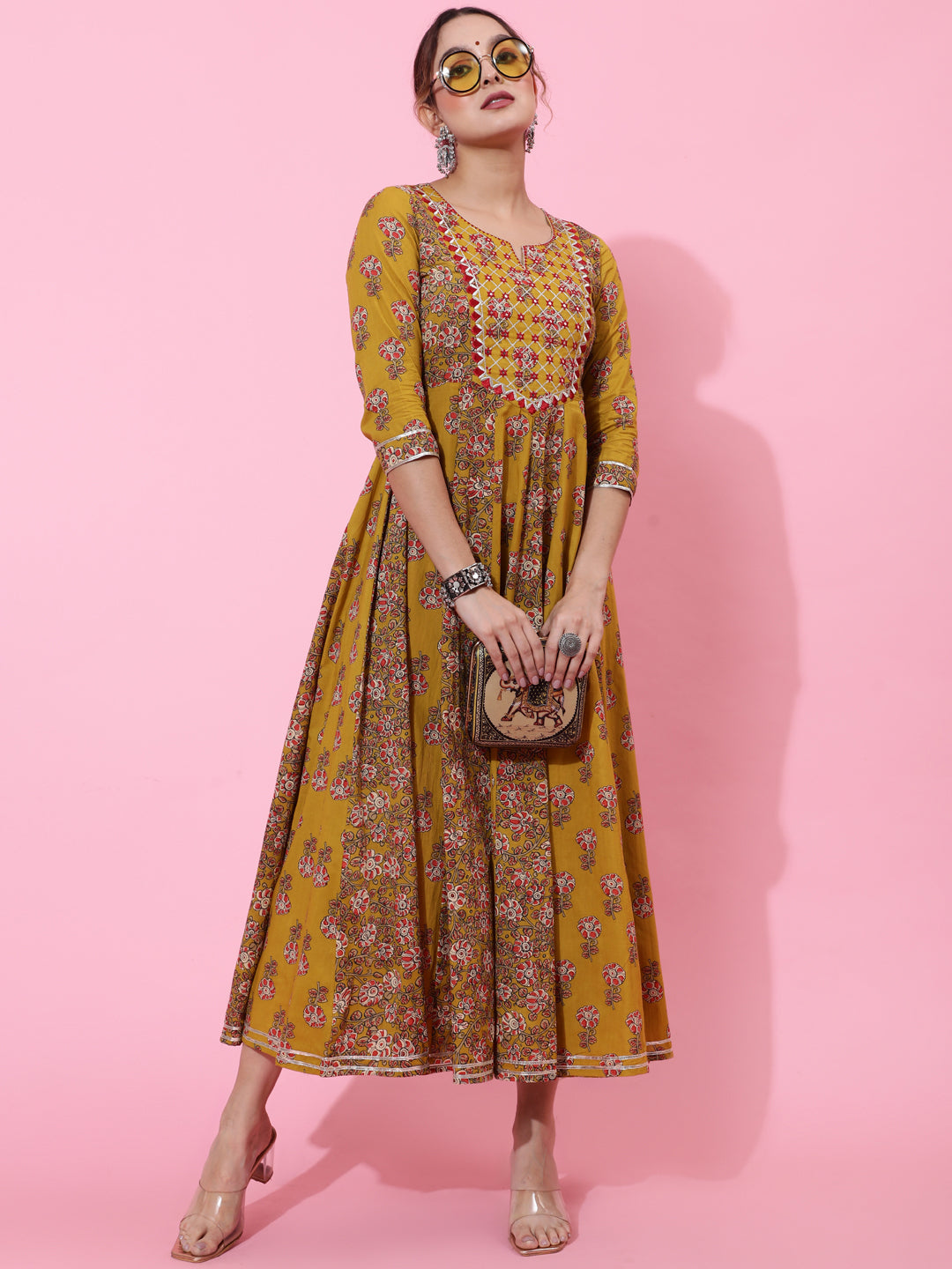 Cotton Ankle Length Printed Flared 3/4 Sleeves Round Neck Kurta - Image 2
