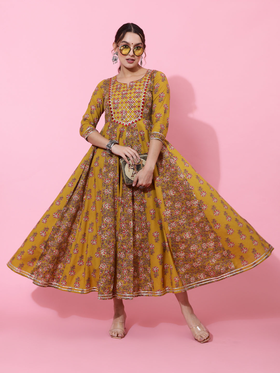 Cotton Ankle Length Printed Flared 3/4 Sleeves Round Neck Kurta - Image 3