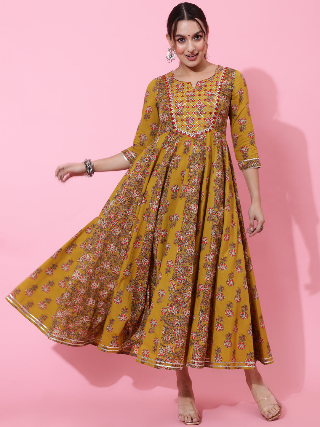 Cotton Ankle Length Printed Flared 3/4 Sleeves Round Neck Kurta - Image 4