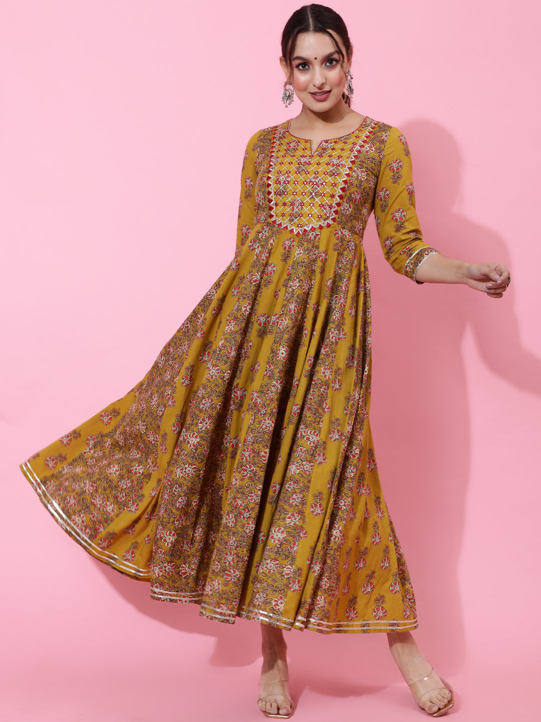 Cotton Ankle Length Printed Flared 3/4 Sleeves Round Neck Kurta - Image 5
