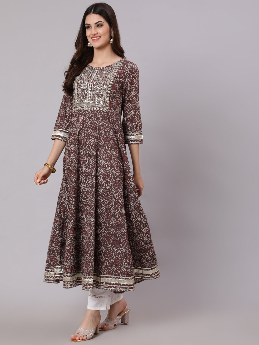Cotton Calf Length Printed Flared 3/4 Sleeve Round Neck Kurta - Image 4
