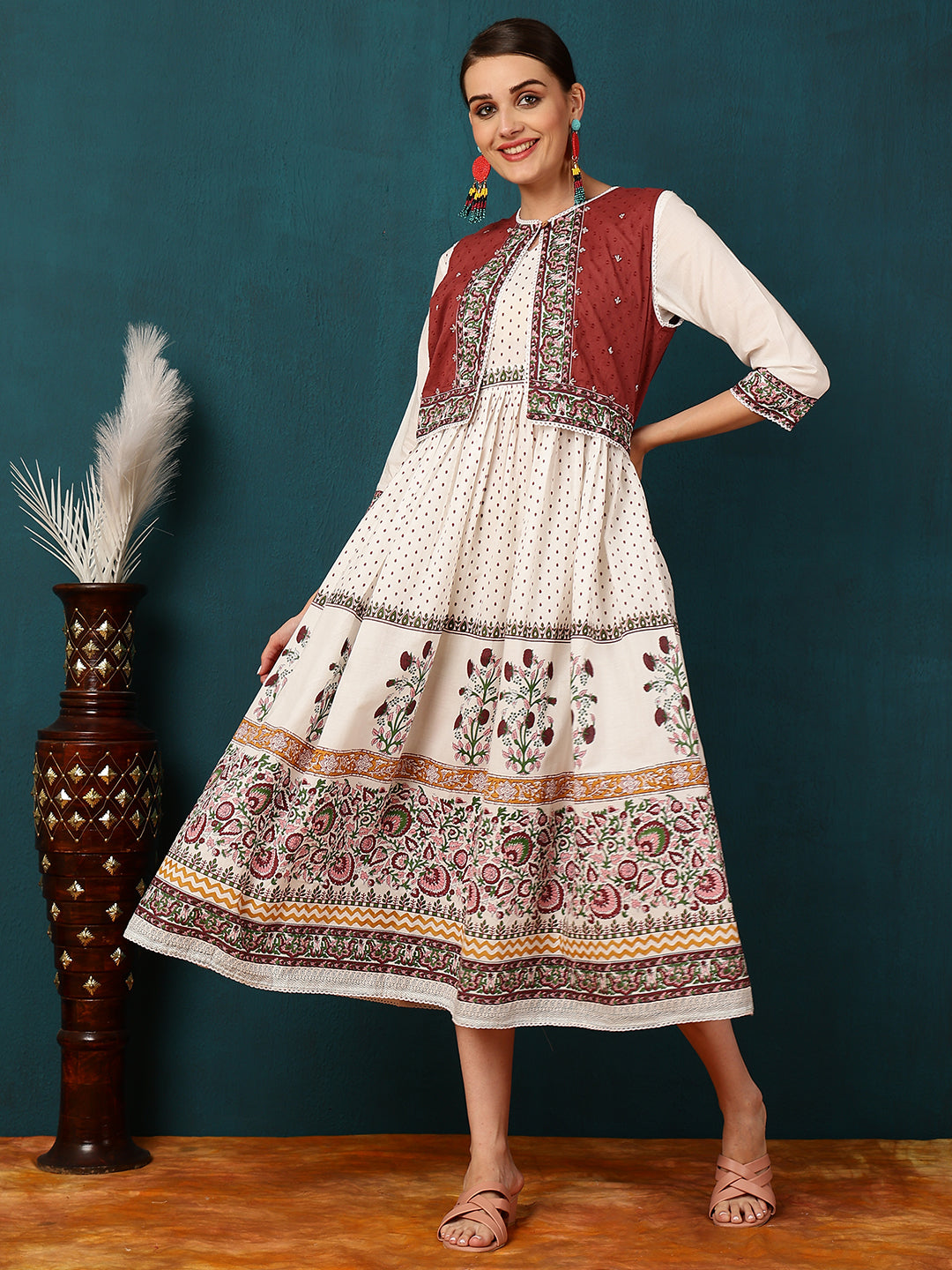 Cotton Calf Length Printed Flared 3/4 Sleeves Round Neck Kurta Jacket Set - Image 2