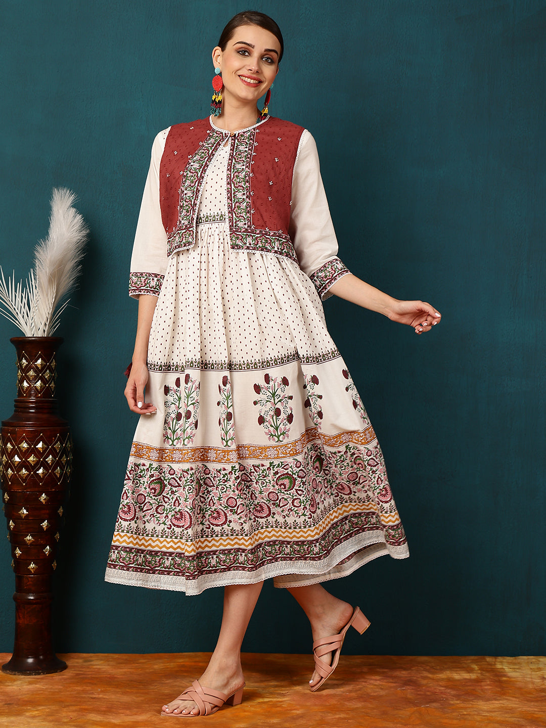 Cotton Calf Length Printed Flared 3/4 Sleeves Round Neck Kurta Jacket Set - Image 3