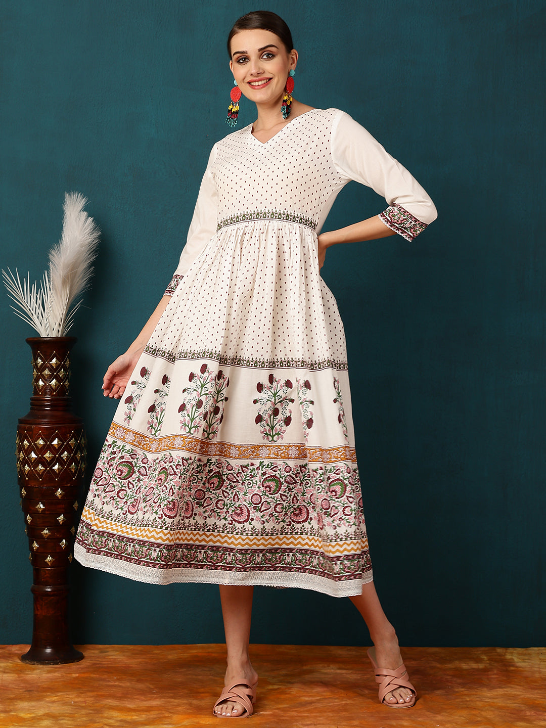 Cotton Calf Length Printed Flared 3/4 Sleeves Round Neck Kurta Jacket Set - Image 5