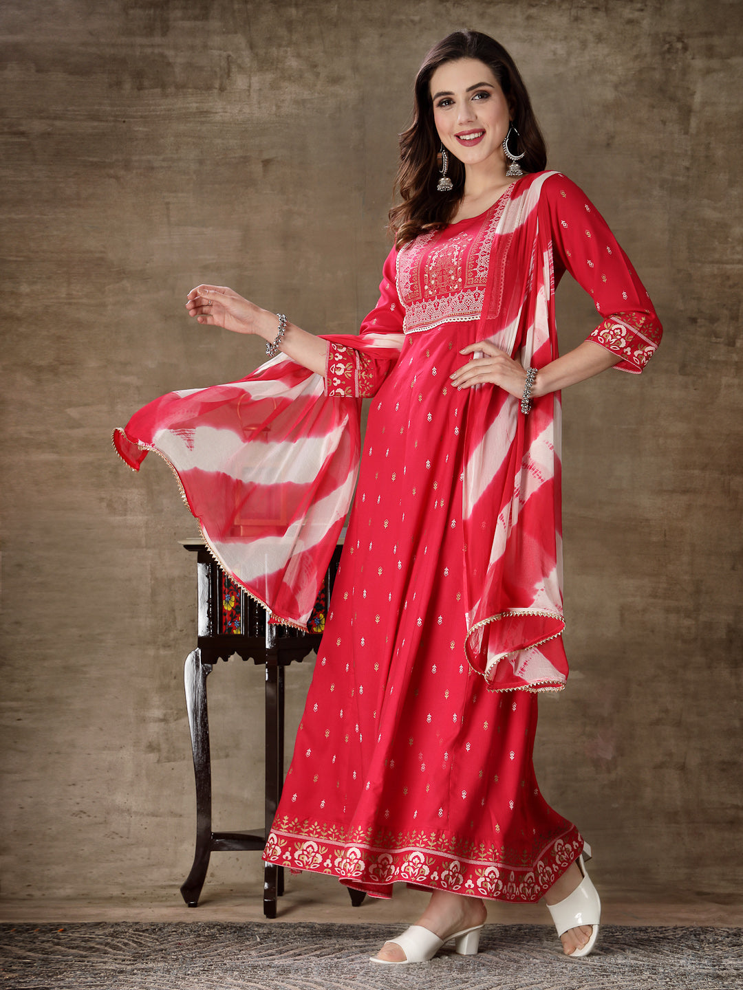 Printed Rayon Anarkali Kurta With Dupatta - Image 4