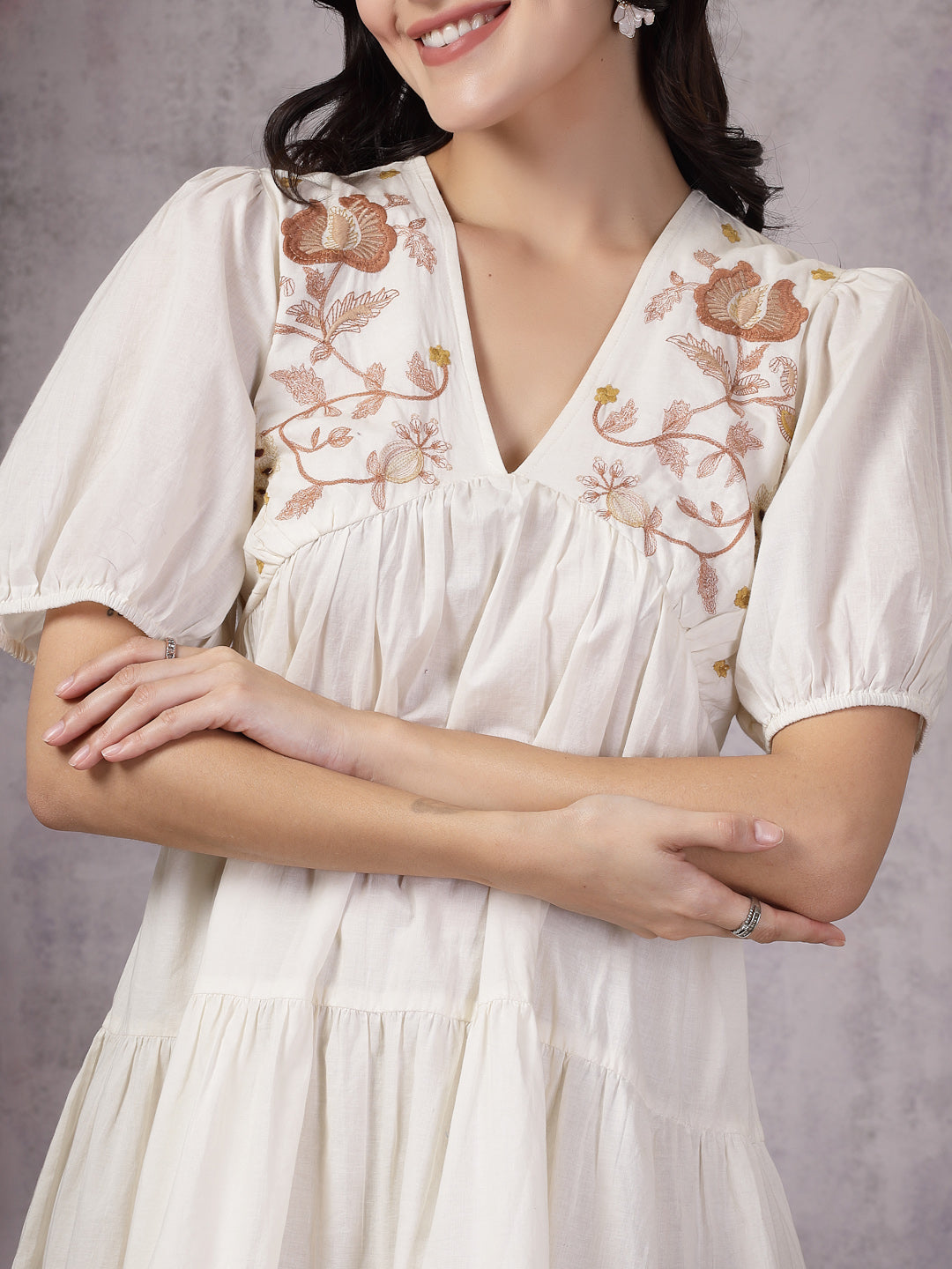 Cream Solid & Embroidered Cotton Flared Dress - Image 2