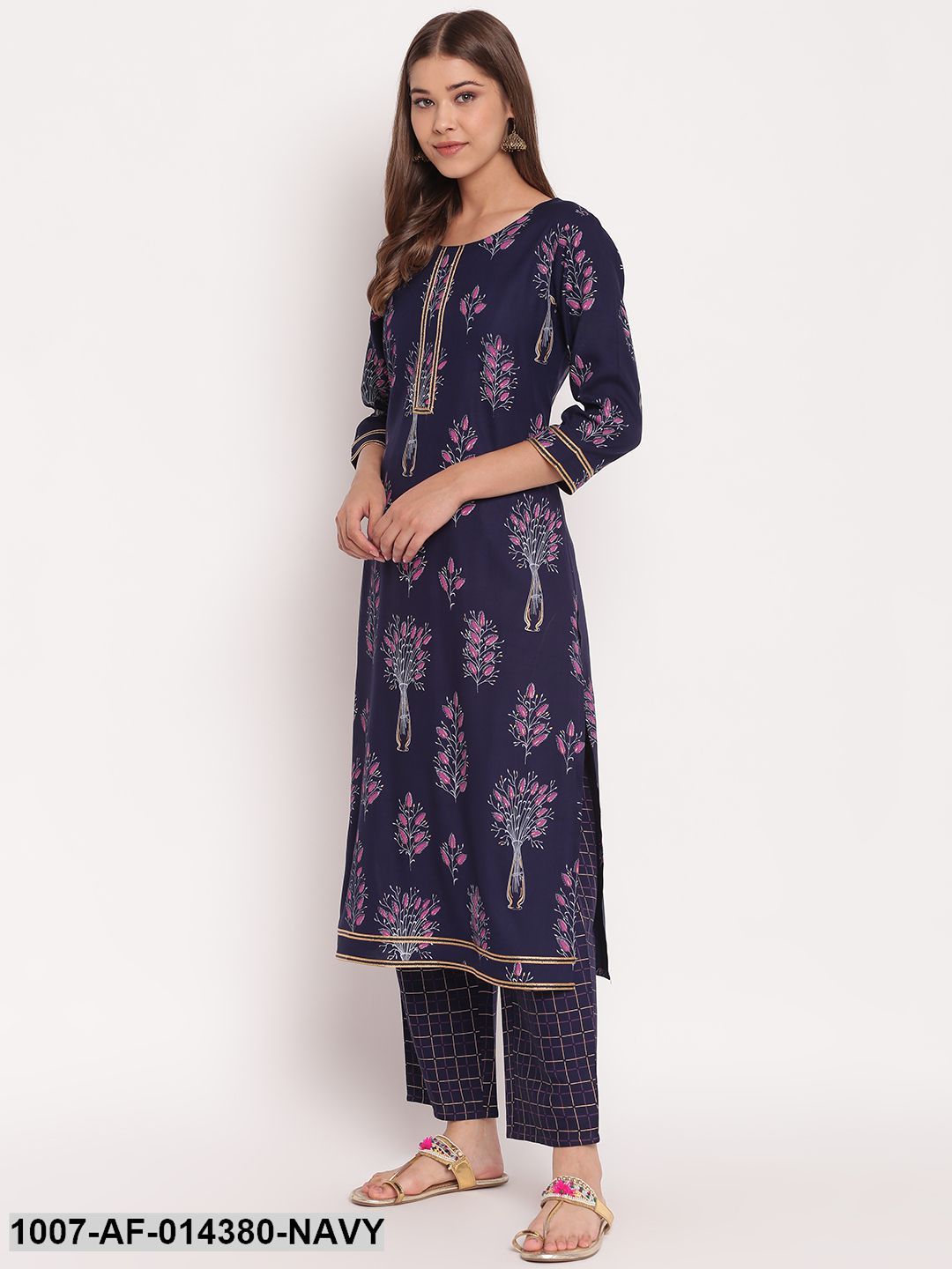 Floral Print Rayon Straight Kurta Pant Set (Navy Blue) - Image 4