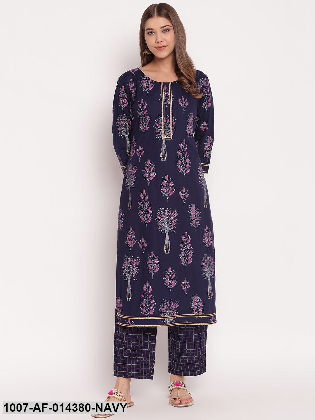 Floral Print Rayon Straight Kurta Pant Set (Navy Blue) - Image 5